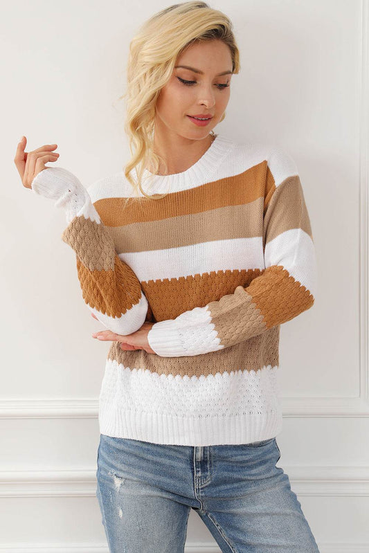 Striped Round Neck Long Sleeve Knit Top - Hovatok