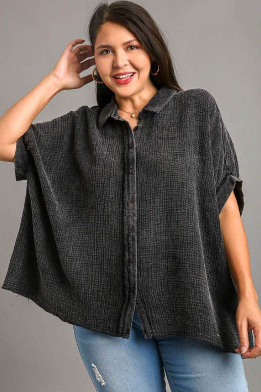 Umgee Full Size Cotton Gauze Mineral Wash Button Down Shirt Plus Size - Hovatok