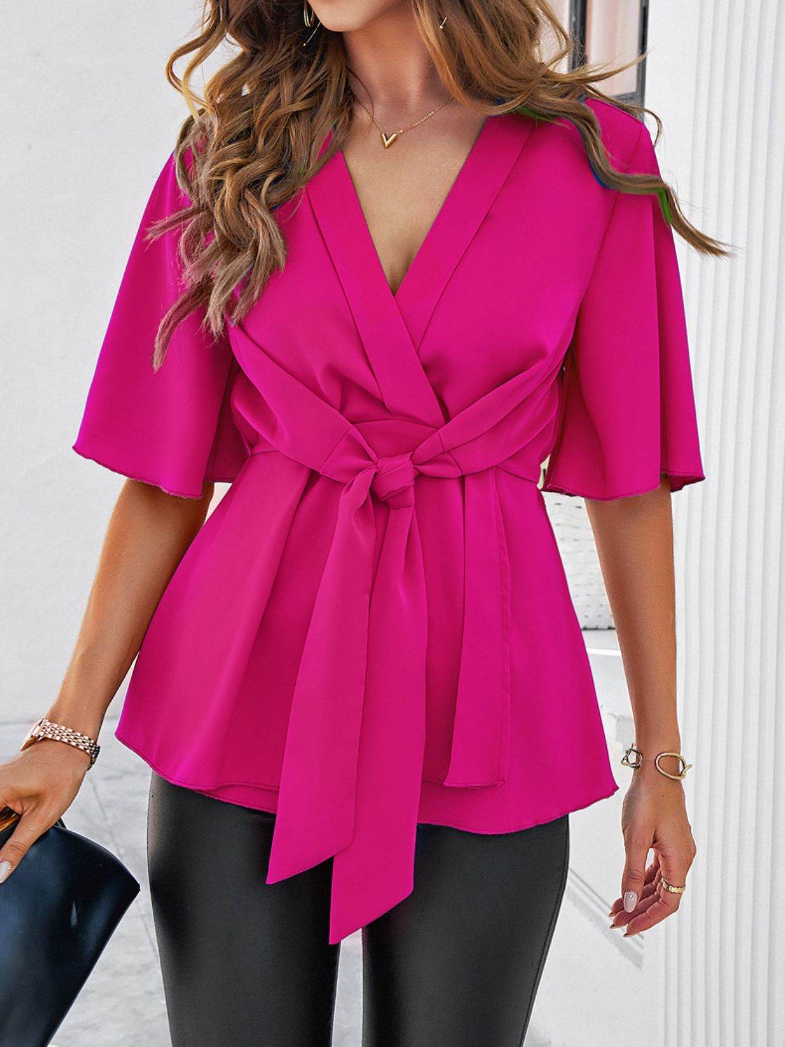Devine Tied Front Peplum Blouse - Hovatok