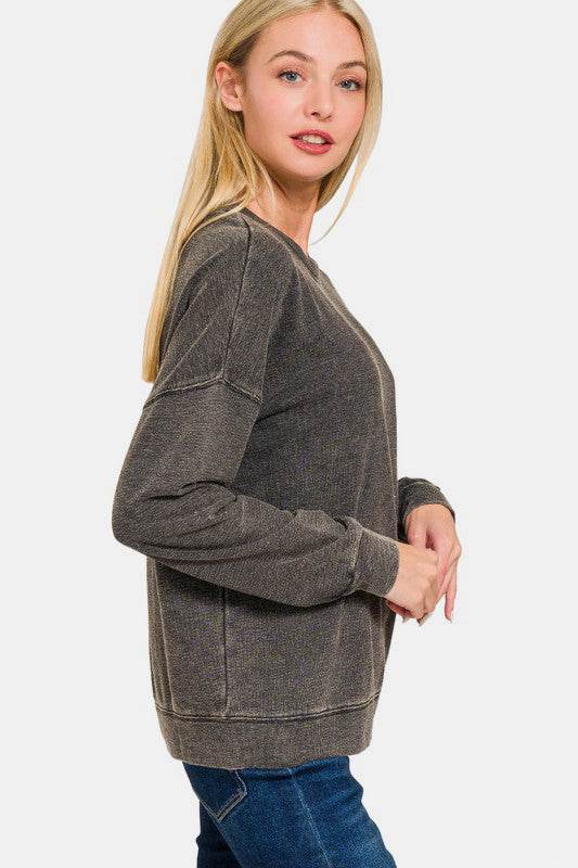 Zenana Washed Round Neck Dropped Shoulder Sweatshirt - Hovatok