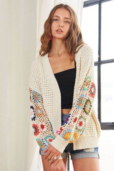 ADORA Full Size Contrast Crochet Open Front Long Sleeve Cardigan - Hovatok