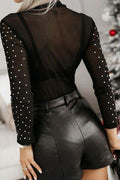 Rhinestone Trim Mock Neck Long Sleeve Bodysuit - Hovatok