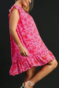 Umgee Full Size Smocked Detail Floral Metallic Ruffle Cap Sleeve Dress Plus Size - Hovatok