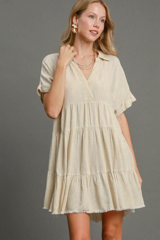Umgee Full Size Raw Hem Folded Sleeve Tiered Dress Plus Size - Hovatok