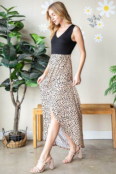 Heimish Full Size Slit Animal Print V-Neck Wide Strap Dress - Hovatok