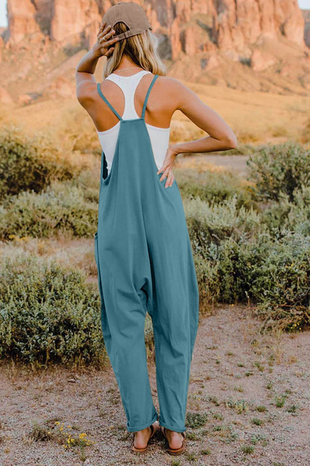 Double Take Full Size V-Neck Sleeveless Jumpsuit with Pockets - Hovatok