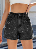 Rhinestone Washed High Waist Denim Shorts - Hovatok