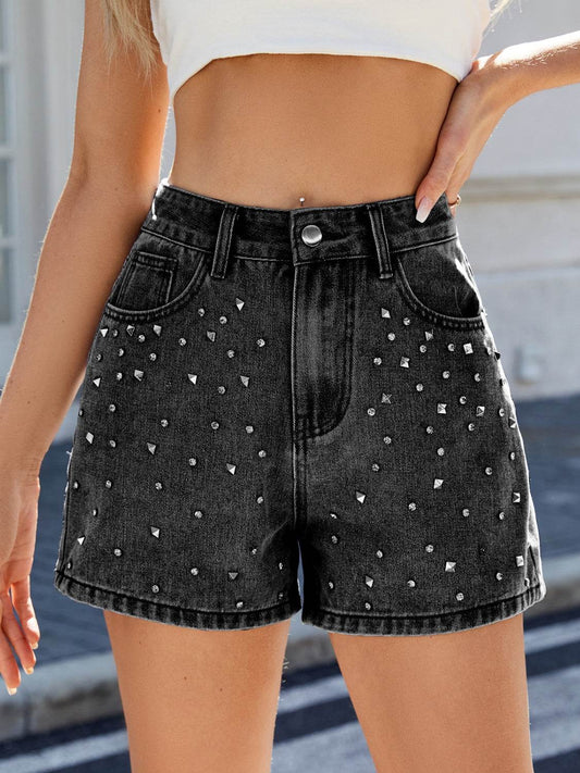Rhinestone Washed High Waist Denim Shorts - Hovatok