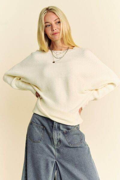 Davi & Dani Round Neck Batwing Sleeve Sweater - Hovatok