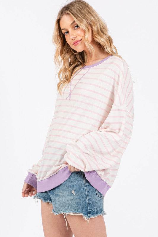 Ces Femme Striped Round Neck Drop Shoulder Sweatshirt - Hovatok