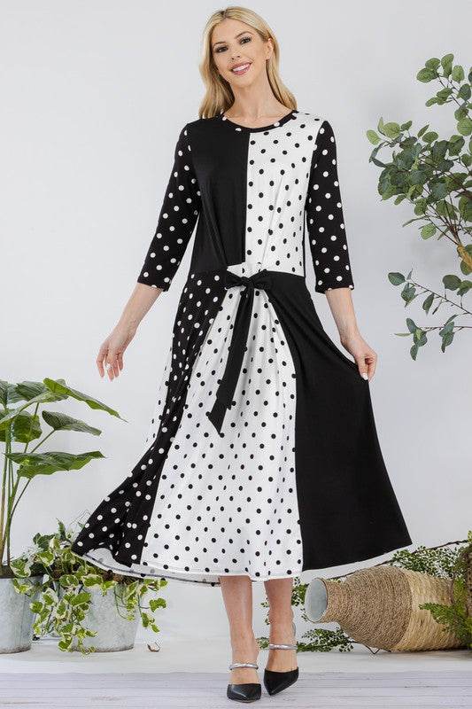Celeste Full Size Polka Dot Front Tie Midi Dress Plus Size - Hovatok