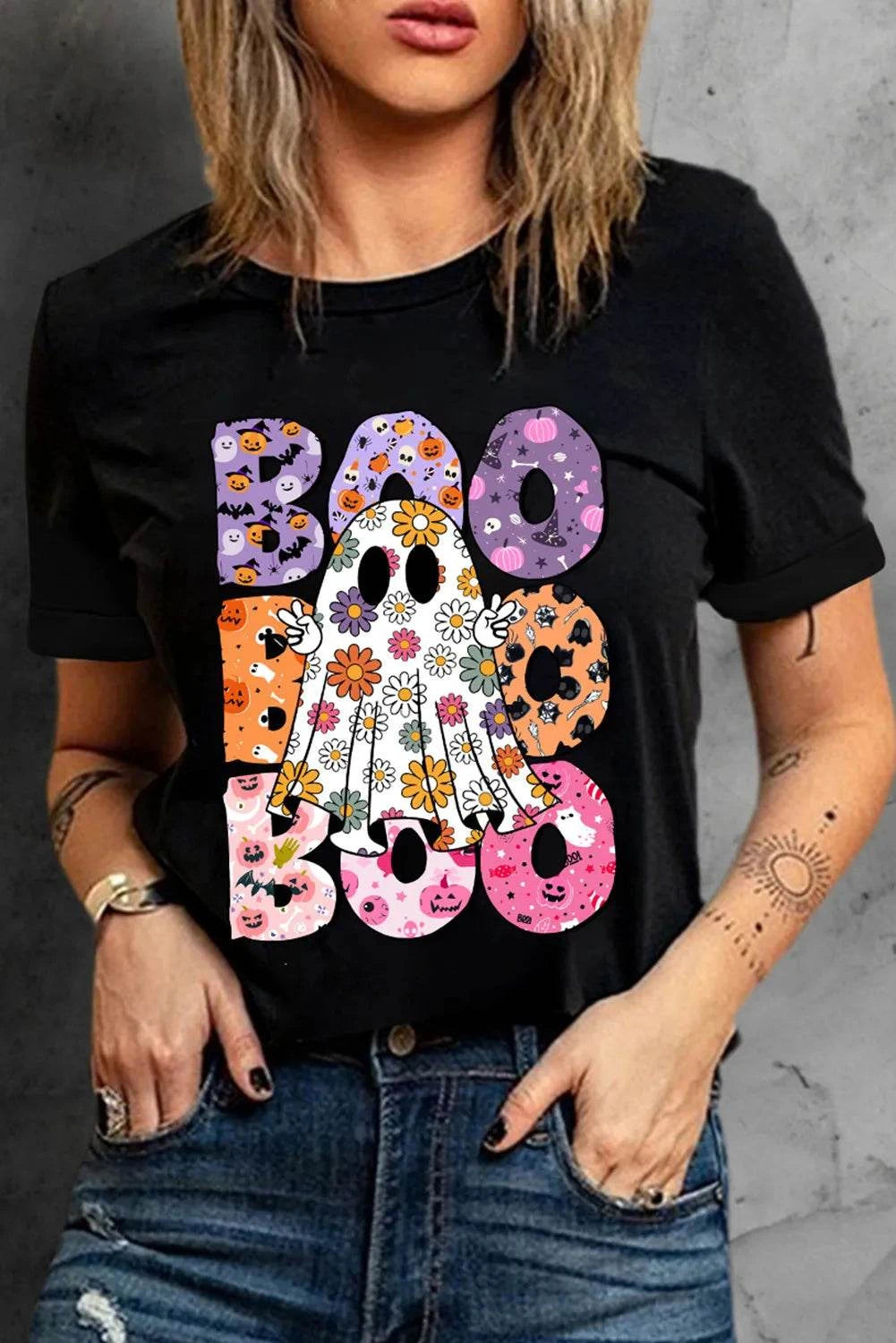 BOO Ghost Graphic Round Neck Short Sleeve T-Shirt - Hovatok