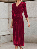 Surplice Puff Sleeve Midi Dress - Hovatok