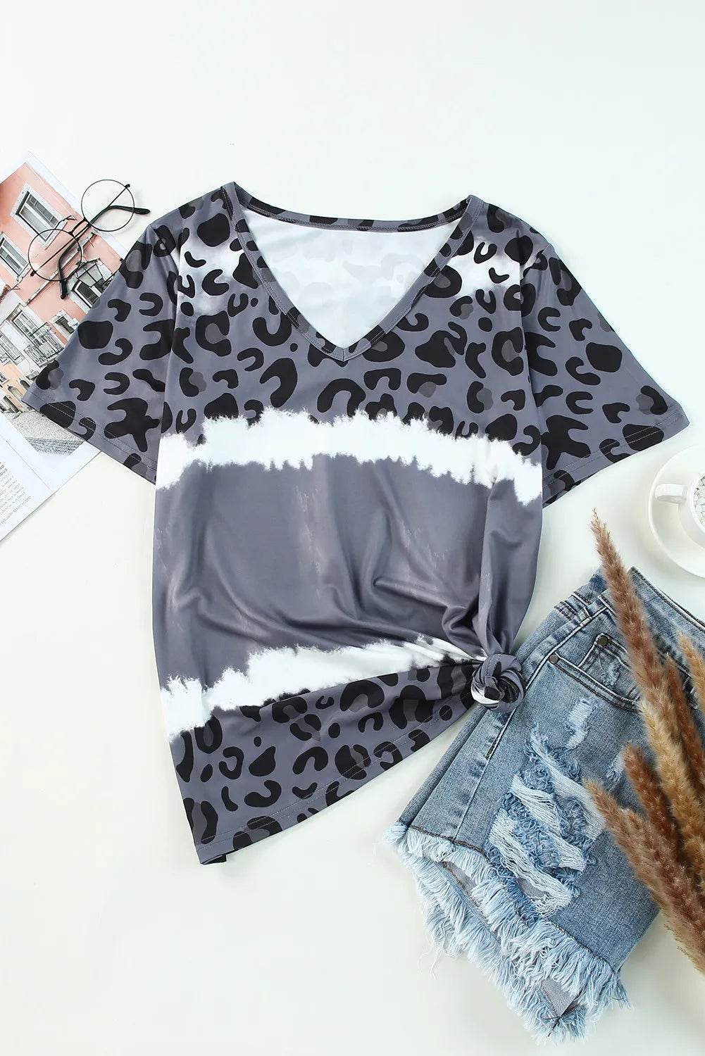 Leopard V-Neck Short Sleeve T-Shirt - Hovatok