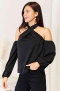 Perfee Grecian Cold Shoulder Long Sleeve Blouse - Hovatok