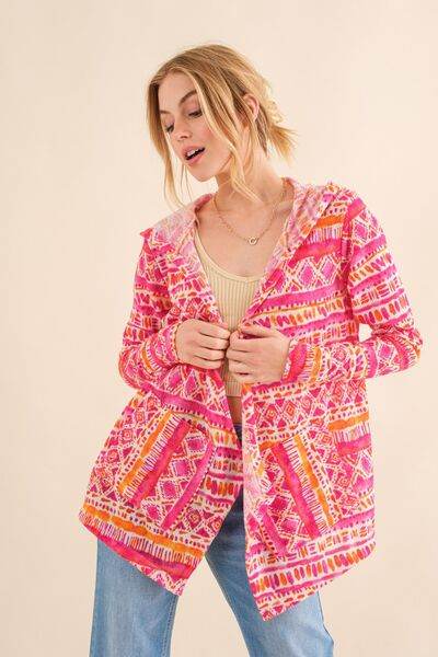 And The Why Full Size Printed Thermal Hooded Open Front Cardigan - Hovatok