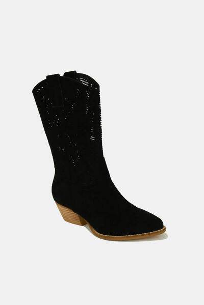 Beast Fashion Faux Suede Laser Cut Detail Block Heel Boots - Hovatok