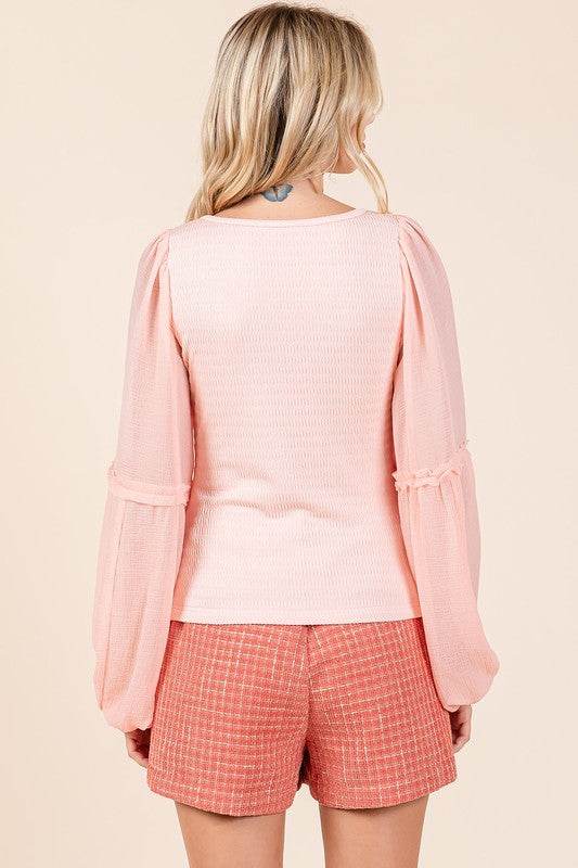 Mittoshop Mixed Media Textured Knit Chiffon Long Sleeve Top - Hovatok