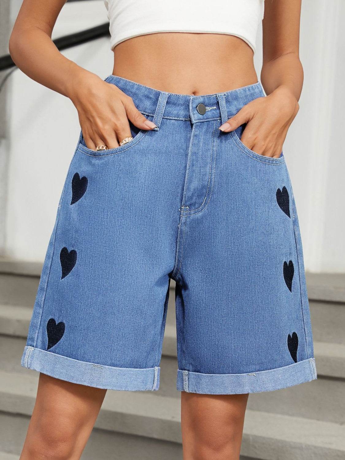 Heart-Pattern Rolled Hem Denim Shorts - Hovatok