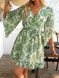 Devine Printed Surplice Ruffled 3/4 Sleeve Mini Dress - Hovatok