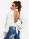 Backless Tie-Waist Turtleneck Lantern Sleeve Bodysuit - Hovatok