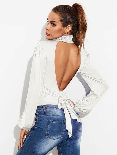 Backless Tie-Waist Turtleneck Lantern Sleeve Bodysuit - Hovatok