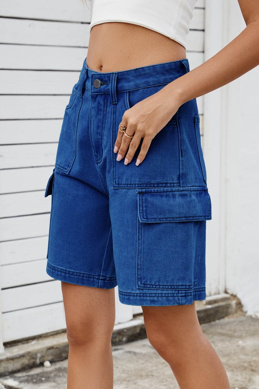 High Rise Denim Shorts with Cargo Pockets - Hovatok