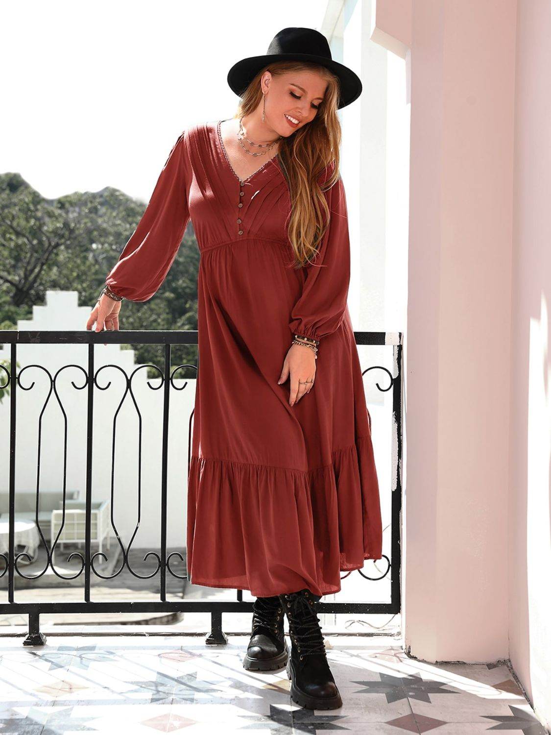 Plus Size Quarter Button V-Neck Long Sleeve Dress - Hovatok