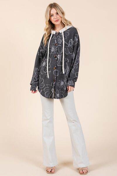 BOMBOM Drawstring Flower Print Button Up Shacket - Hovatok