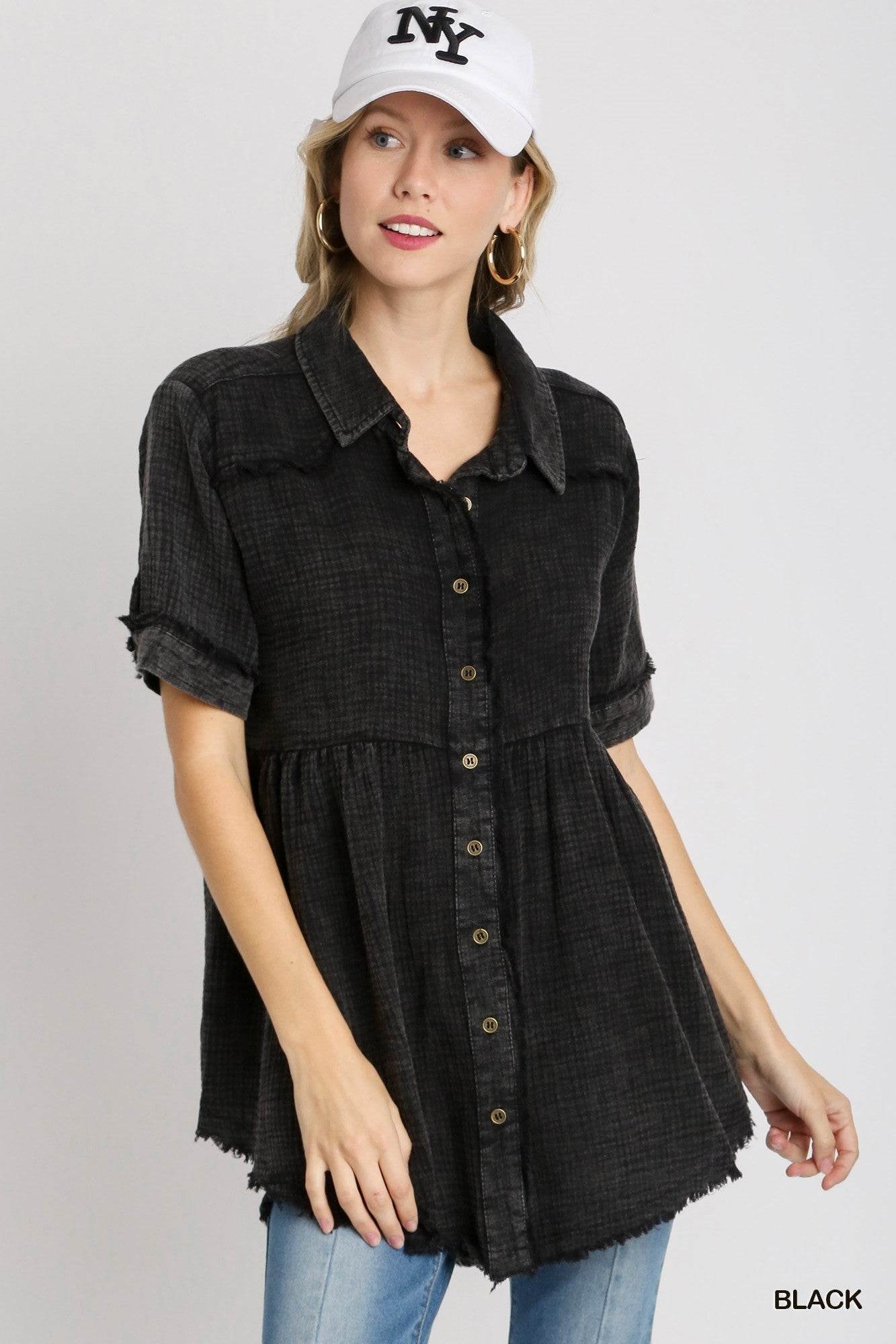Umgee Full Size Cotton Gauze Button Front Shirt Plus Size - Hovatok
