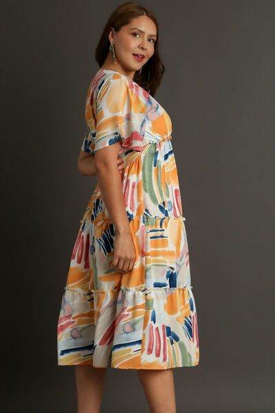 Umgee Full Size Abstract Print Flutter Sleeve Frill Tiered Midi Dress Plus Size - Hovatok