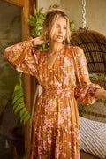 Mittoshop Flower Print Satin Lurex Stripe Smocked Midi Dress - Hovatok