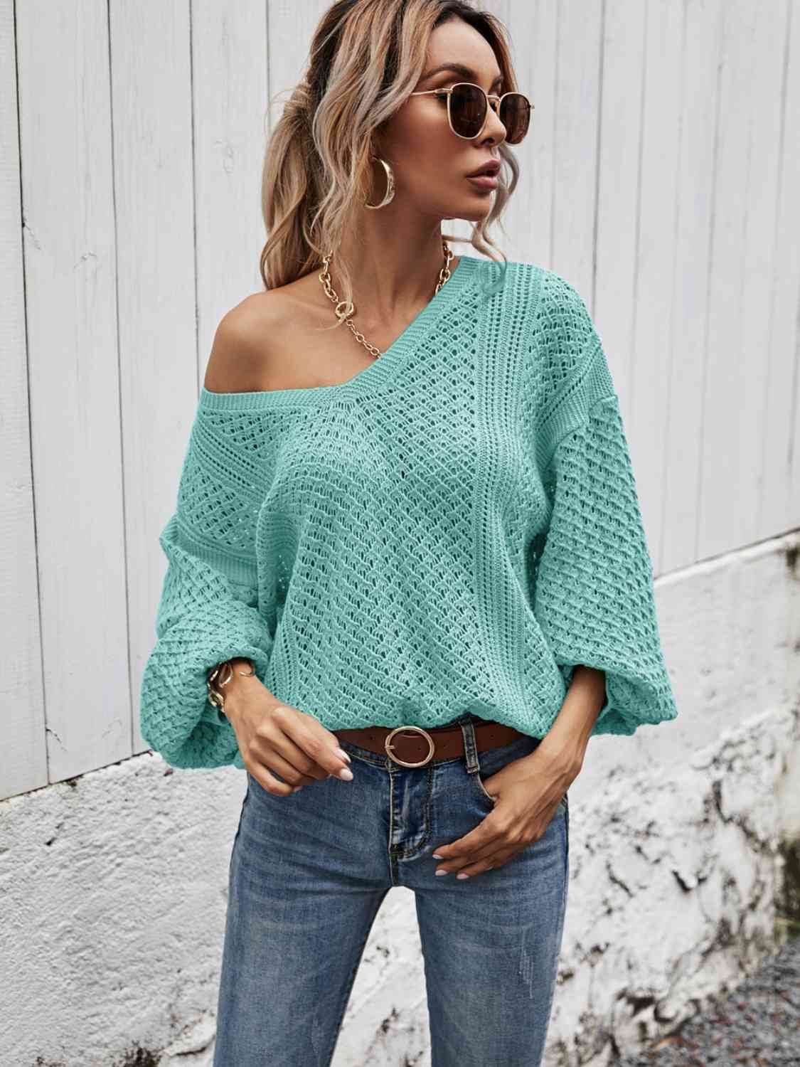 Angel Wings V-Neck Dropped Shoulder Sweater - Hovatok