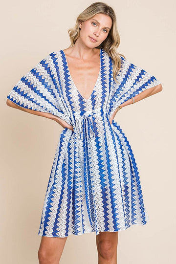 Cotton Bleu by Nu Lab Tied Striped Plunge Half Sleeve Cover-Up - Hovatok