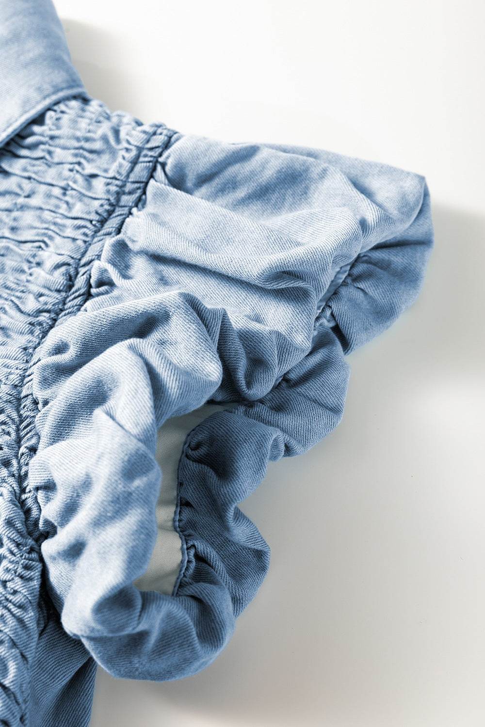 Smocked Collared Neck Cap Sleeve Denim Dress - Hovatok
