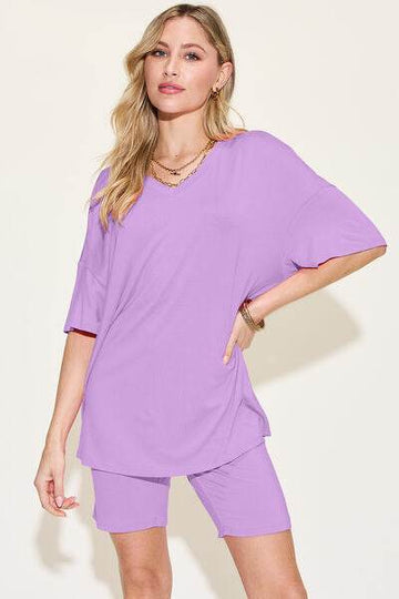 Basic Bae Bamboo Full Size V-Neck Drop Shoulder T-Shirt and Shorts Set - Hovatok