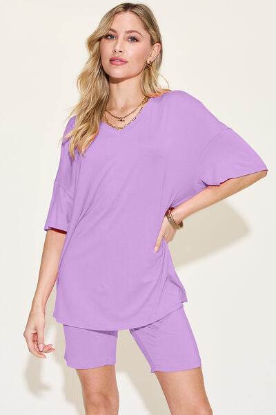 Basic Bae Bamboo Full Size V-Neck Drop Shoulder T-Shirt and Shorts Set - Hovatok