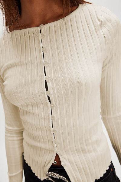 Basic Bae Texture Button Up Round Neck Long Sleeve Top - Hovatok
