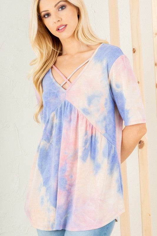 Heimish Full Size Crisscross Tie Dye Babydoll Top Plus Size - Hovatok
