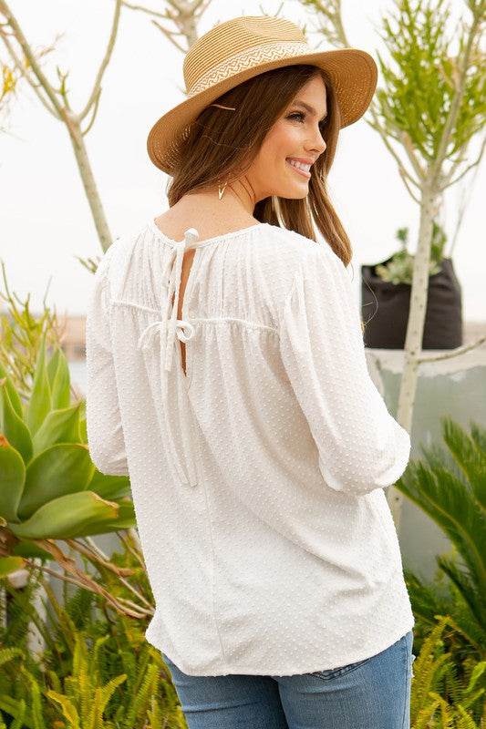 Celeste Full Size Puff Sleeve and Bow Detail Top Plus Size - Hovatok