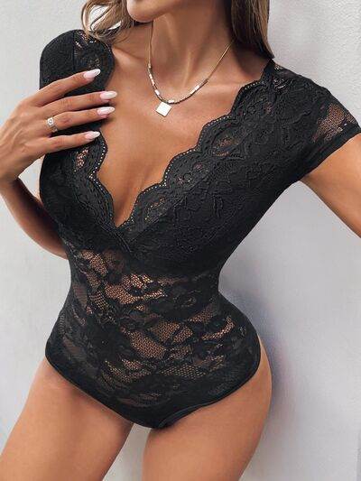 Perfee Lace V-Neck Cap Sleeve Bodysuit - Hovatok