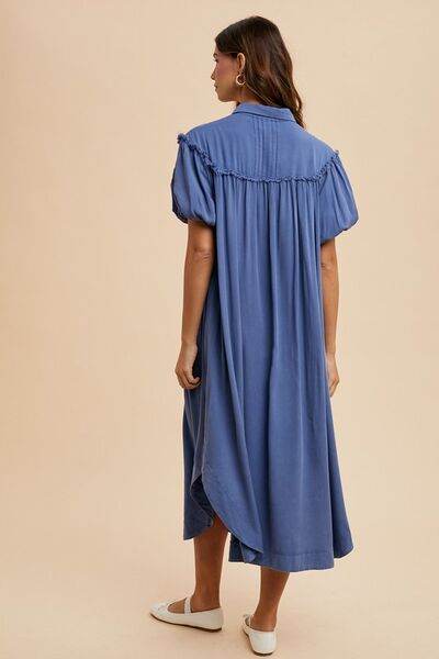 Annie Wear Mineral Washed Button Down Puff Sleeve Shirt Dress - Hovatok