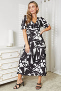 Printed Surplice Balloon Sleeve Dress - Hovatok
