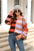Angel Wings Round Neck Long Sleeve Color Block Dropped Shoulder Pullover Sweater - Hovatok