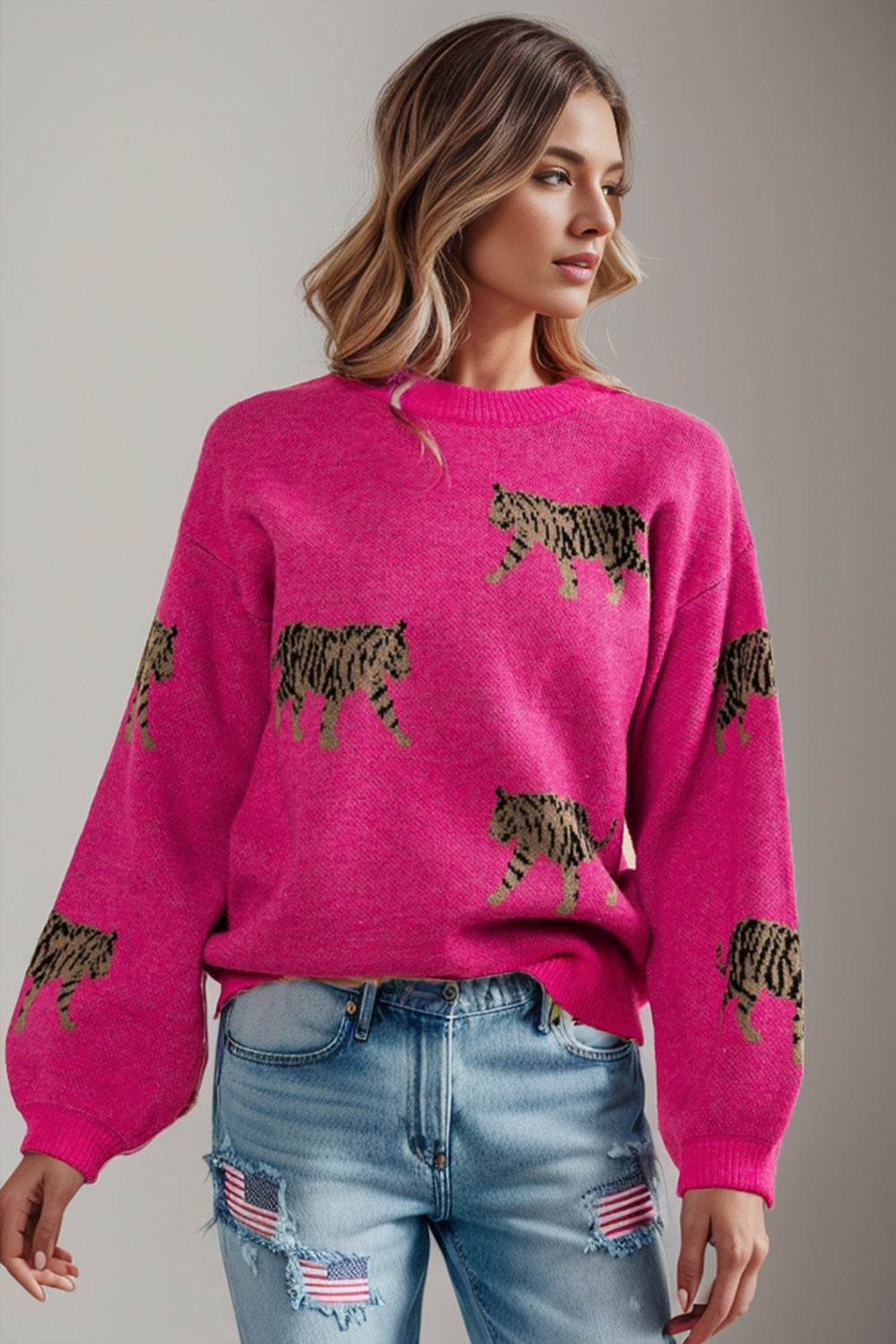 Tiger Pattern Round Neck Drop Shoulder Sweater - Hovatok