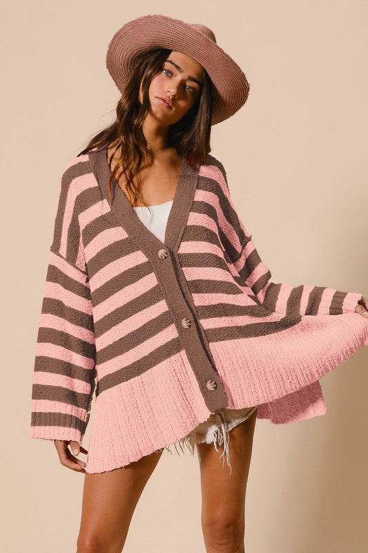 BiBi Slit Striped V-Neck Button Up Cardigan - Hovatok