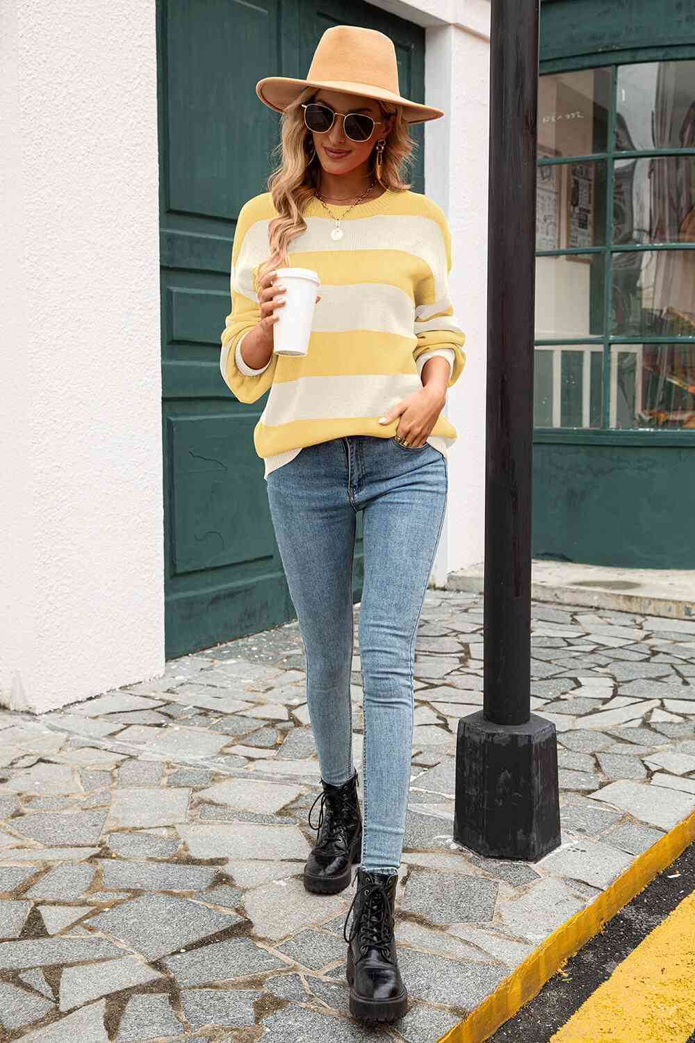 Angel Wings Striped Balloon Sleeve Knit Pullover - Hovatok