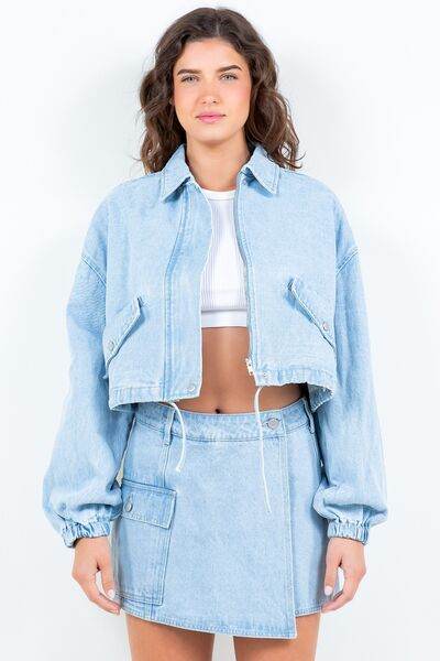 American Bazi Drawstring Waist Crop Denim Jacket - Hovatok