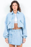 American Bazi Drawstring Waist Crop Denim Jacket - Hovatok