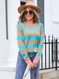 Angel Wings Striped Round Neck Dropped Shoulder Sweater - Hovatok